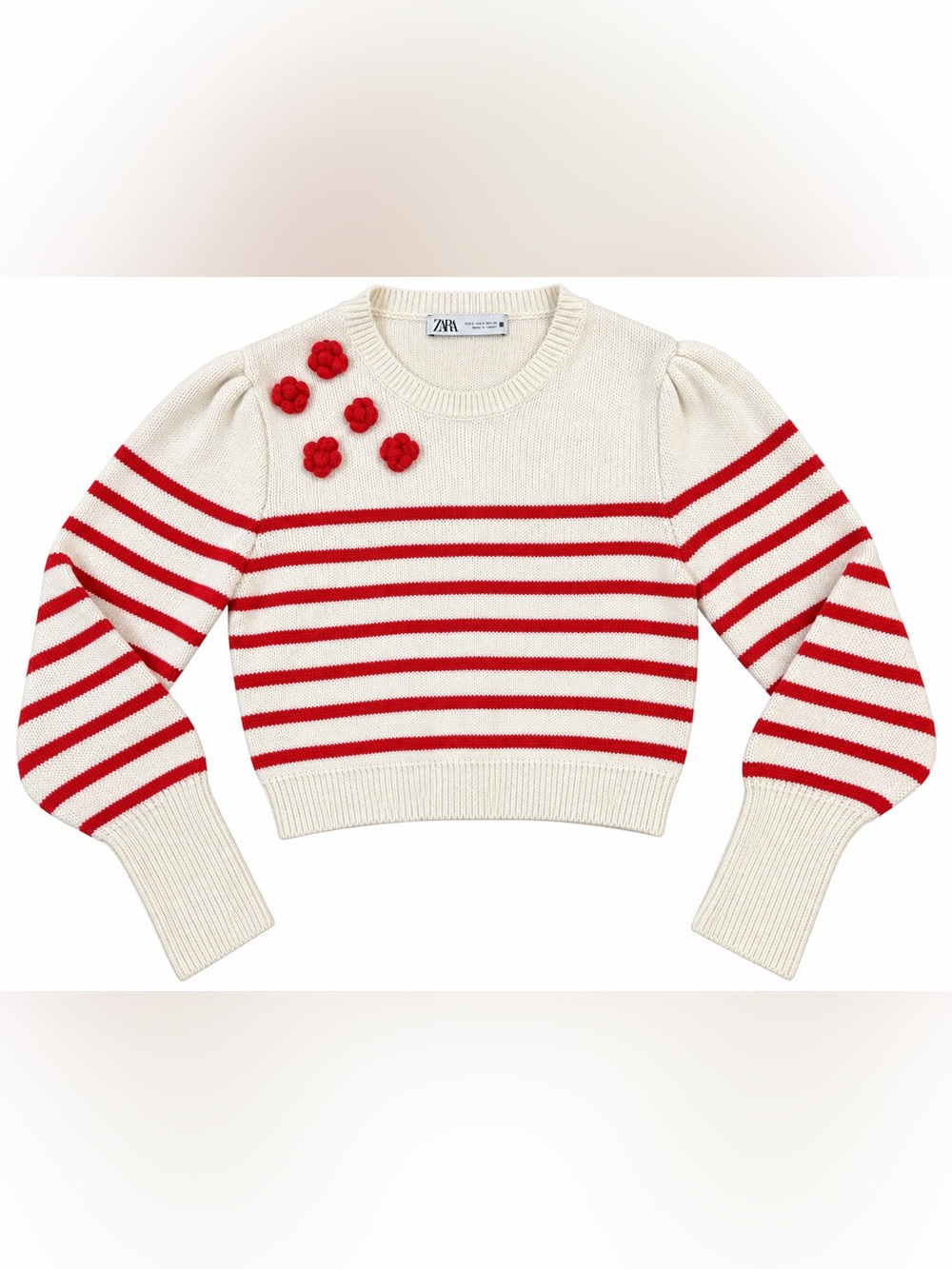 Zara Women’s Red & Cream Striped 3D Floral Sweater Size Large Puff Sleeve Croppe
